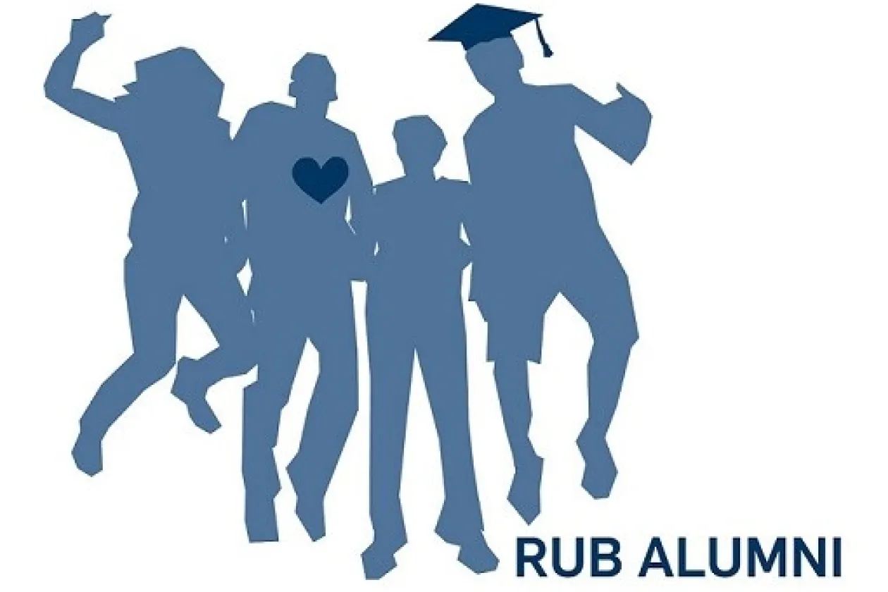 vier blaue Silhouetten von RUB Absolvent:innen am springen