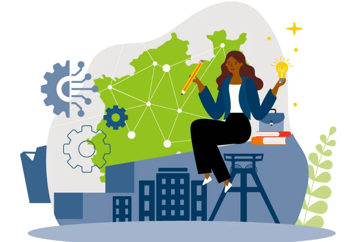 Gezeichnete Frau vor einem Hintergrund mit verschiedenen Symbolen