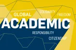 Graphic: Academic Freedom Forum. The graphic contains a sketch of the RUB Audimax. It contains the following English words: Academic, Global, Solidarity, Freedom, Responsibility, Citizenship.