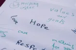 A Page of a Whitboard Paper with words like "Values and goals", "Hope", "Love", "Respect""