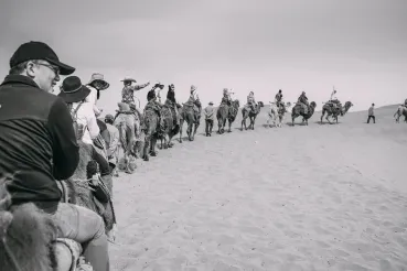 Tourists riding camels