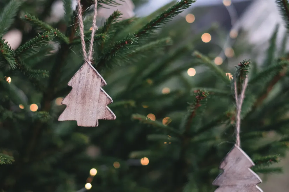 up close shot of Christmas tree with tree ornaments