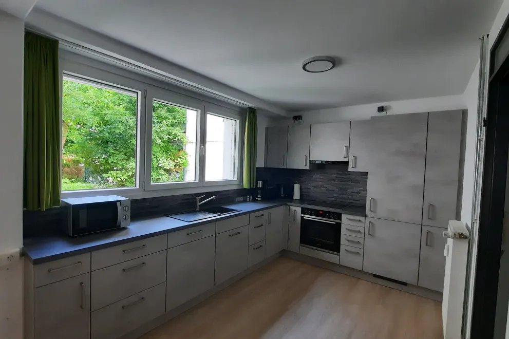 grey kitchen equipped with plenty of kitchen appliances and storing room