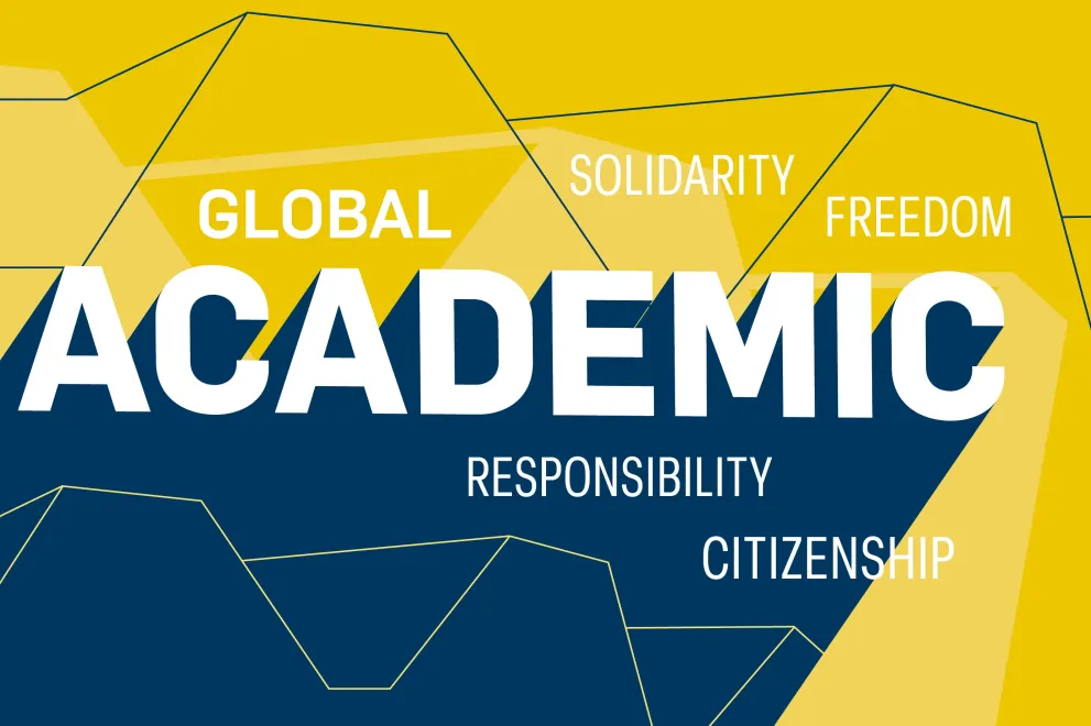Graphic: Academic Freedom Forum. The graphic contains a sketch of the RUB Audimax. It contains the following English words: Academic, Global, Solidarity, Freedom, Responsibility, Citizenship.